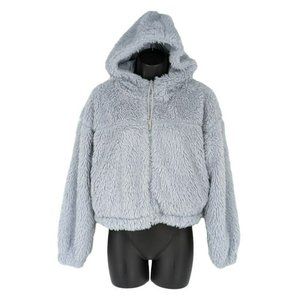 BDG Urban Outfitters Hoodie M Blue Sherpa Cropped Teddy Jacket Full Zip Cozy